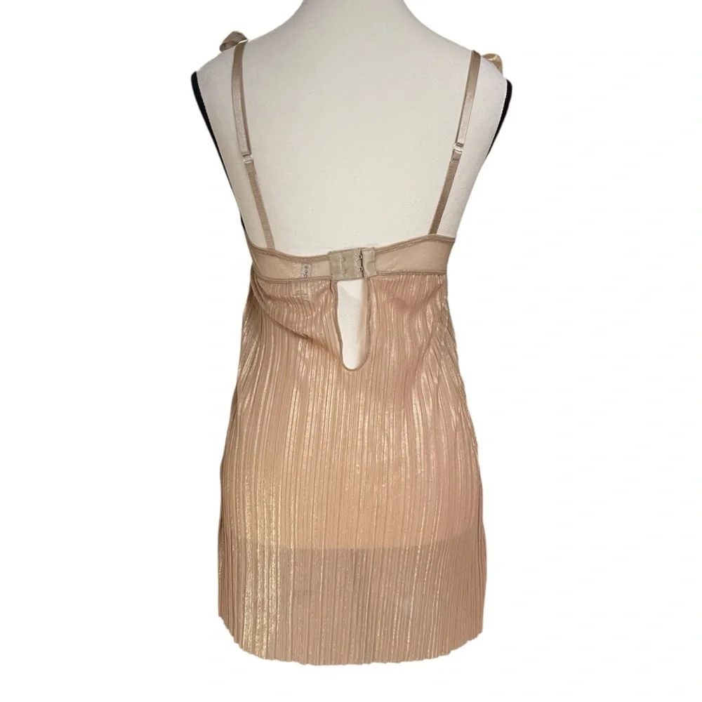 Rampage Gold Shimmer Pleated Chemise Mini Dress Rhinestone Bow Straps‎ Y2K Sz S